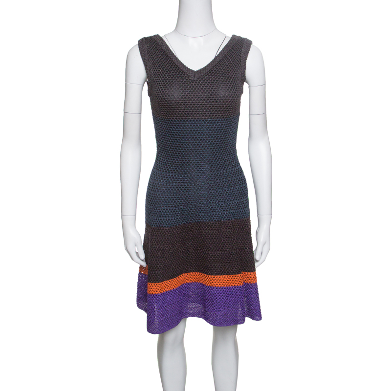 Pre Owned M Missoni Metallic Striped Colorblock Perforated Knit Fit and Flare Dress S