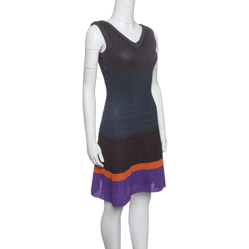 

M Missoni Metallic Striped Colorblock Perforated Knit Fit and Flare Dress