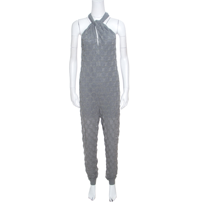 M Missoni Grey Lurex Patterned Knit Twist Neck Strap Detail Jumpsuit S