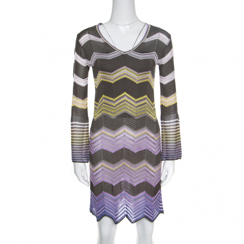 Pre Owned M Missoni Multicolor Chevron Patterned Perforated Long Sleeve Dress S