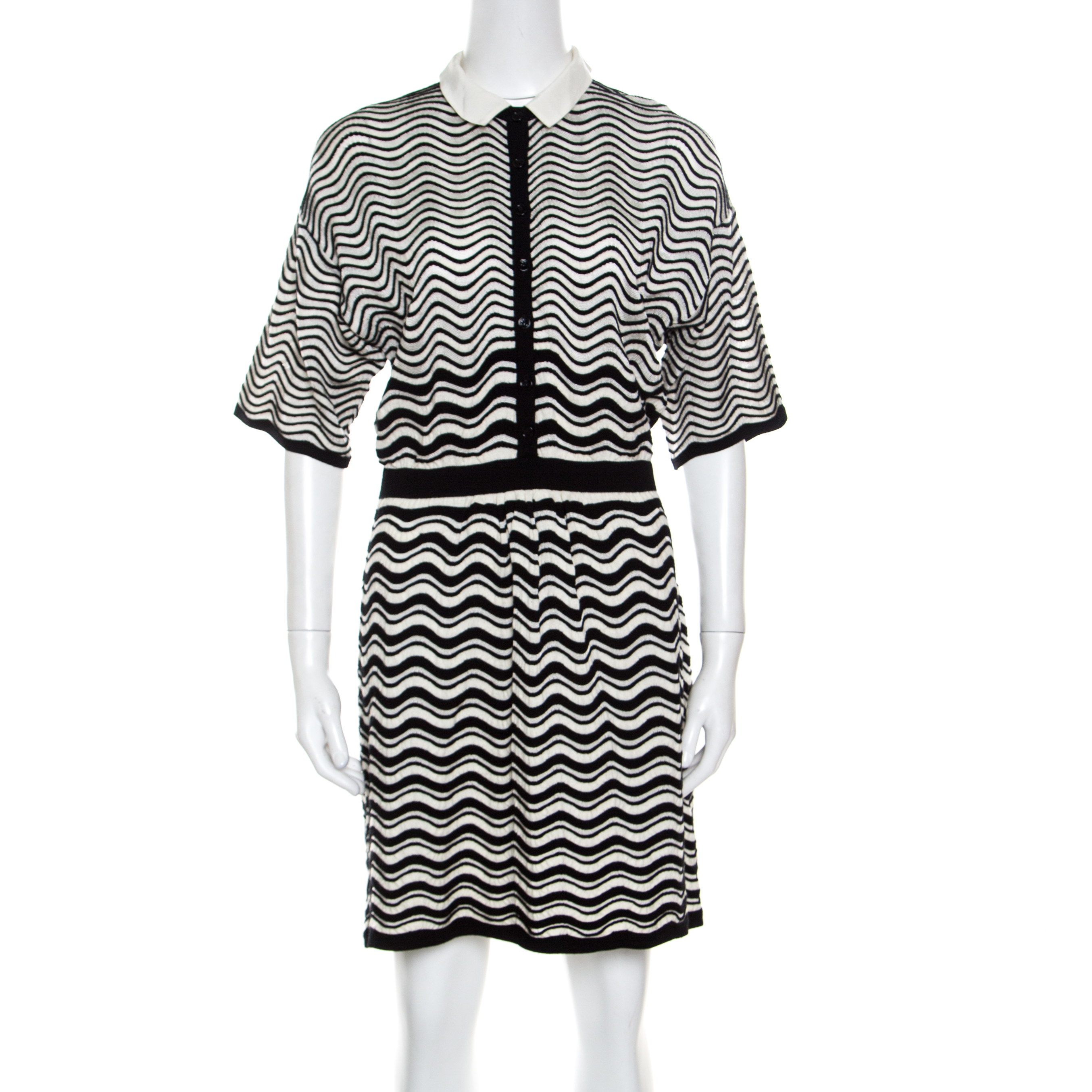 Pre Owned M Missoni Monochrome Wave Patterned Knit Collared Short Sleeve Dress M