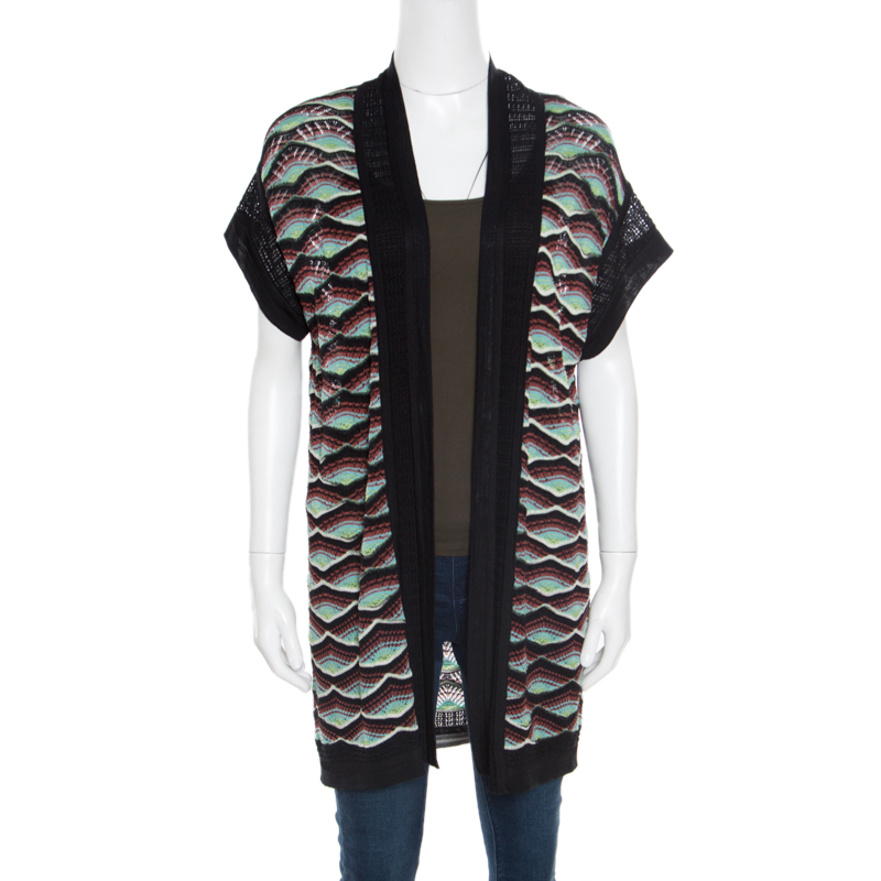 Pre Owned كارديغان إم ميزوني تريكو مثقب متعدد الألوان مفتوح من الأمام بأكمام قصيرة M