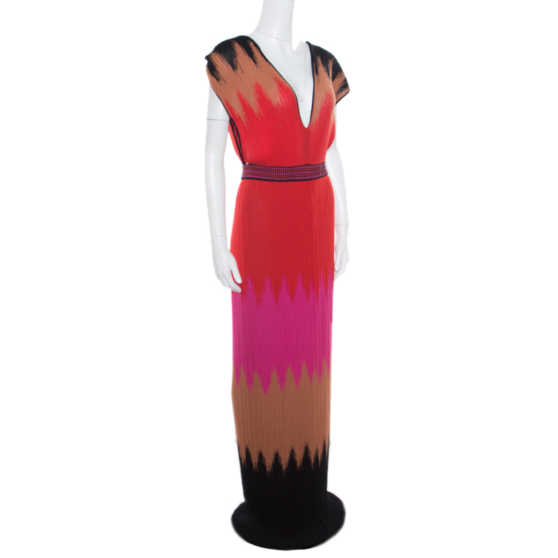 

M Missoni Multicolor Pleated Knit Plunge Neck Maxi Dress