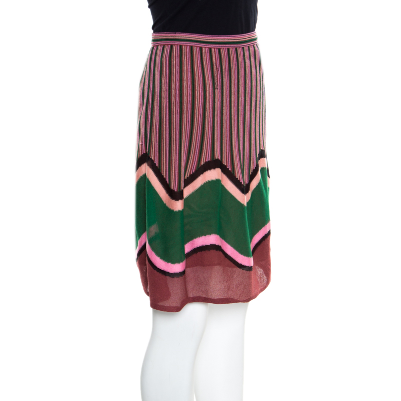 

M Missoni Multicolor Stripe and Wave Patterned Knit A Line Skirt