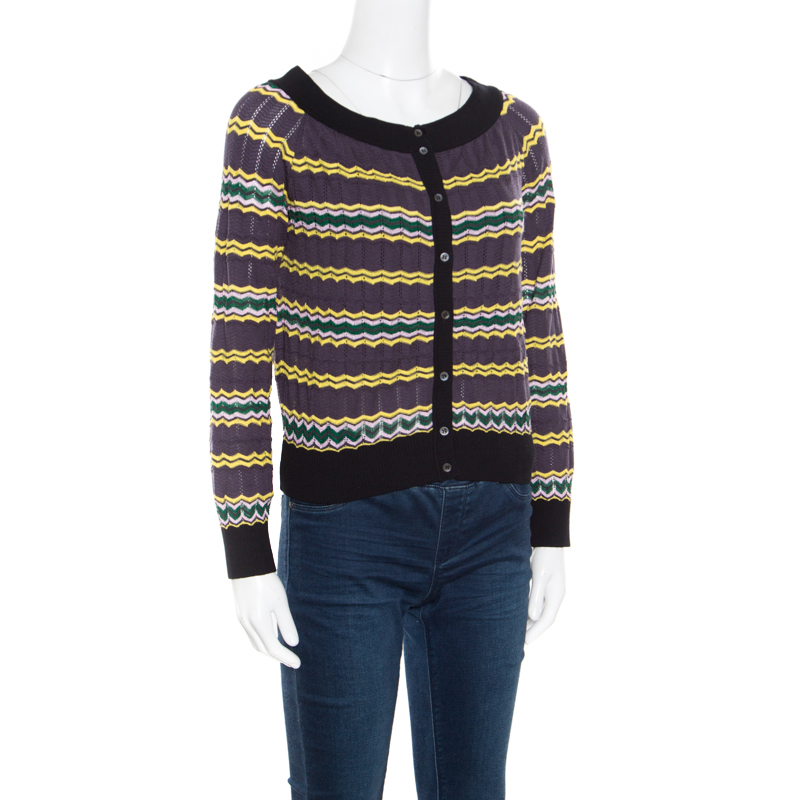 

Missoni Multicolor Perforated Knit Contrast Trim Detail Boat Neck Cropped Cardigan