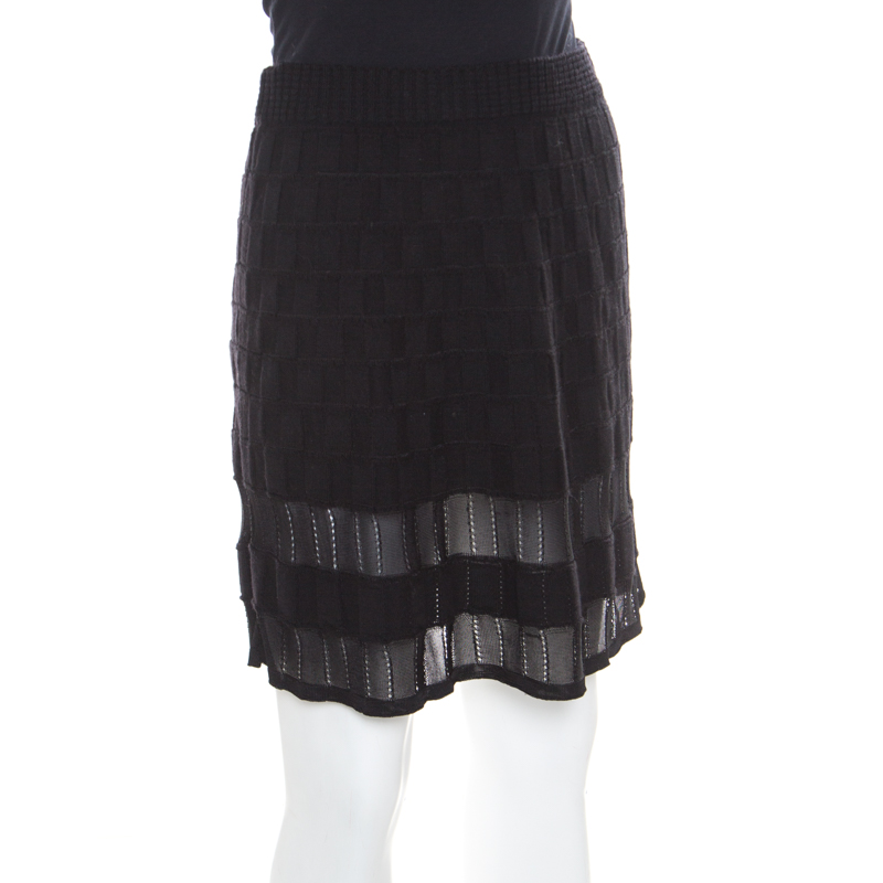Pre-owned M Missoni Checkerboard Wool Knit Mesh Paneled A Line Skirt S In Black