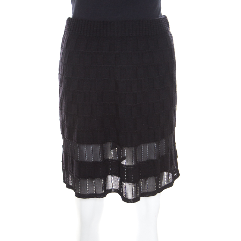 

M Missoni Checkerboard Wool Knit Mesh Paneled A Line Skirt S, Black