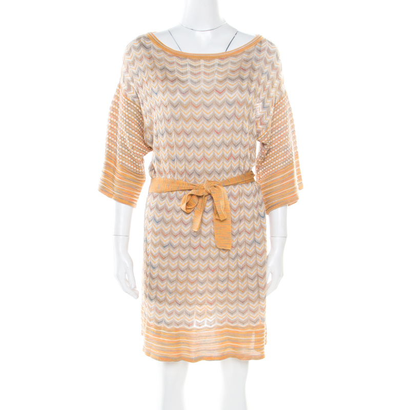 M Missoni Multicolor Patterned Perfroated Knit Boat Neck Belted Dress M