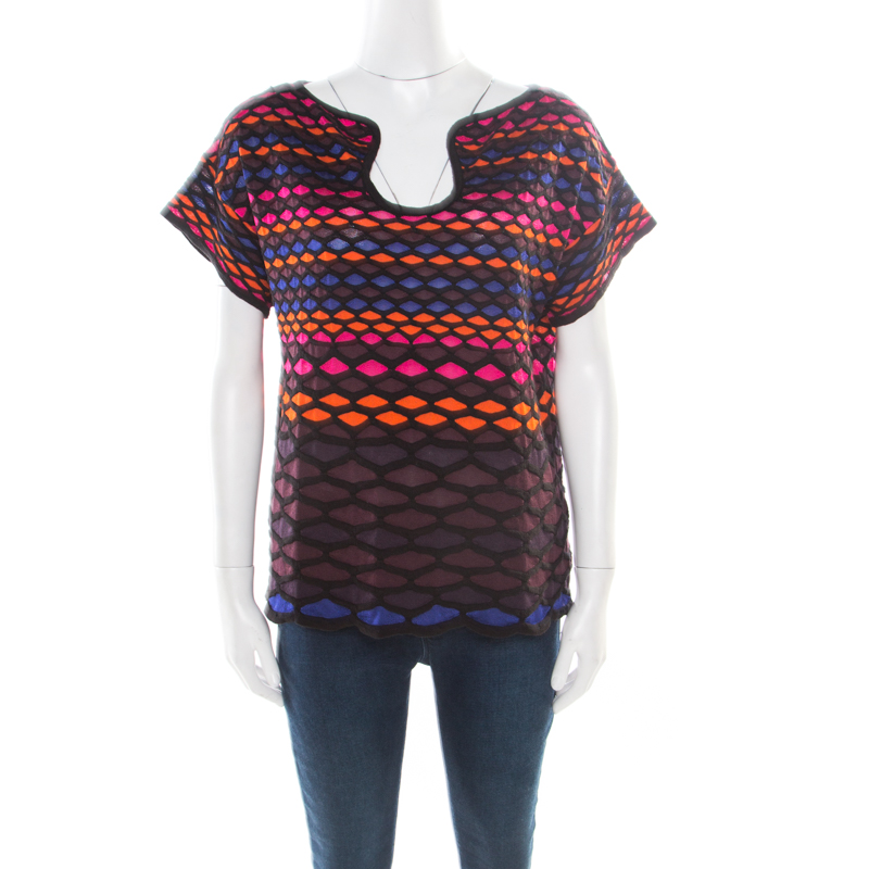 Pre Owned M Missoni Multicolor Fishscale Pattern Textured Knit Short Sleeve Top M