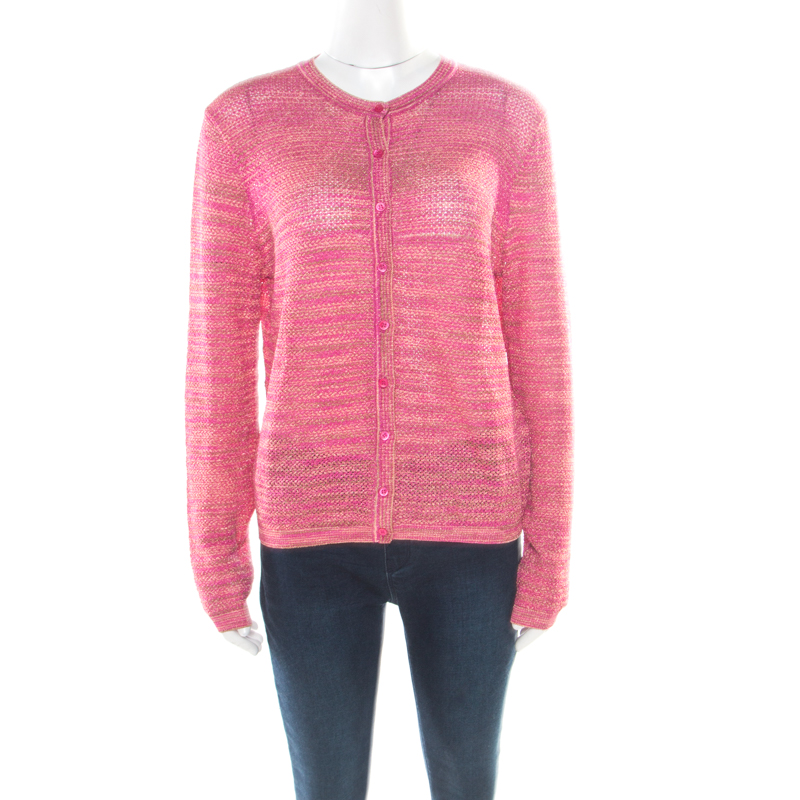 Pre Owned M Missoni Fuchsia Pink Lurex Knit Button Front Cardigan L