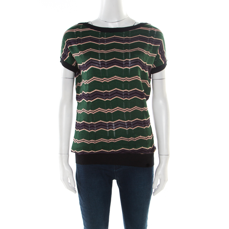 Pre Owned M Missoni Multicolor Chevron Patterned Knit Contrast Ribbed Trim Top M