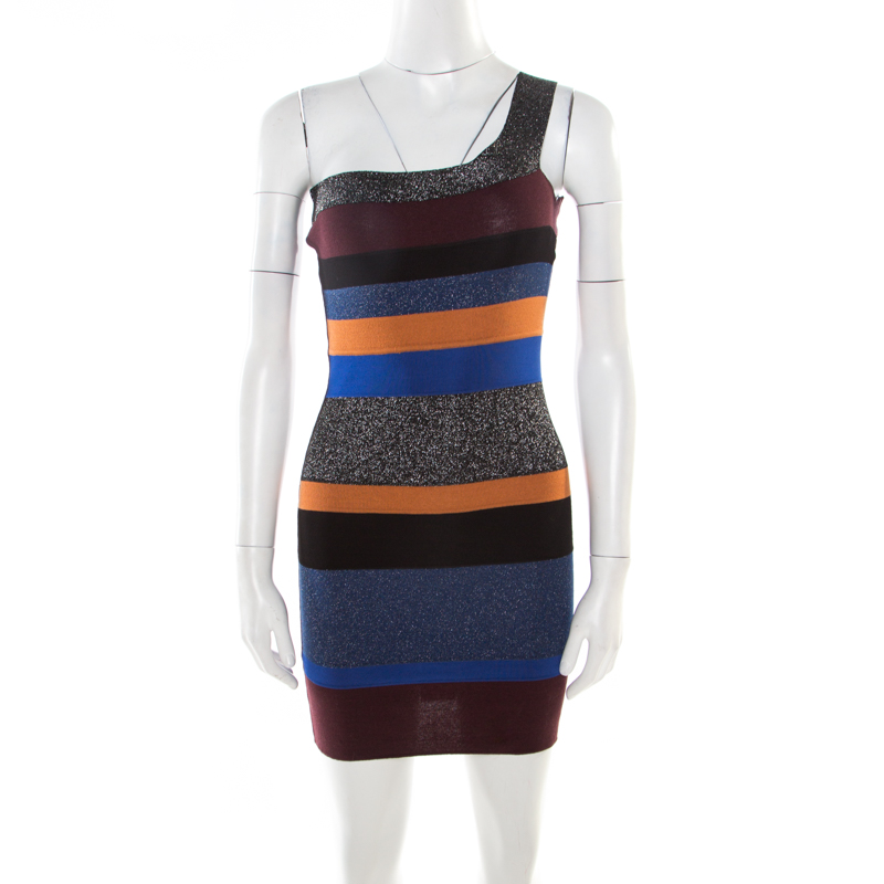 

M Missoni Colorblock Striped Lurex Knit One Shoulder Bodycon Dress S, Multicolor