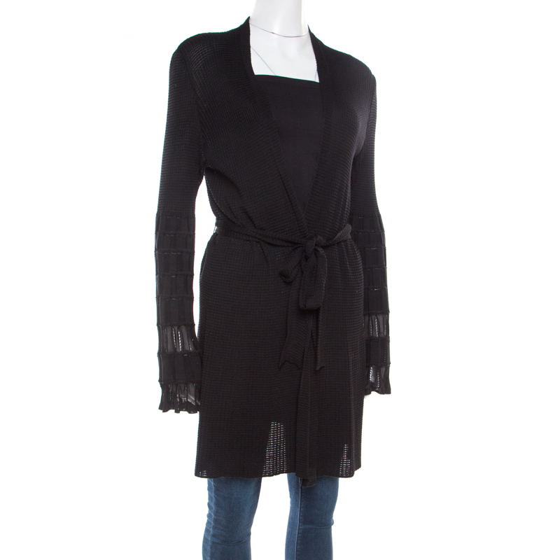

M Missoni Black Perforated Knit Open Front Belted Cardigan