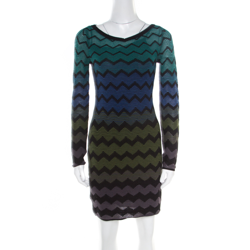 مملوكة مسبقًا M Missoni Multicolor Chevron Patterned Knit Long Sleeve Dress S