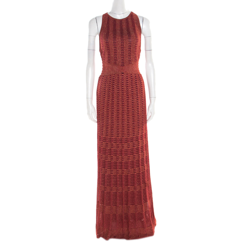 مملوكة مسبقًا M Missoni Red Lurex Perforated Knit Cutout Back Detail Maxi Dress S