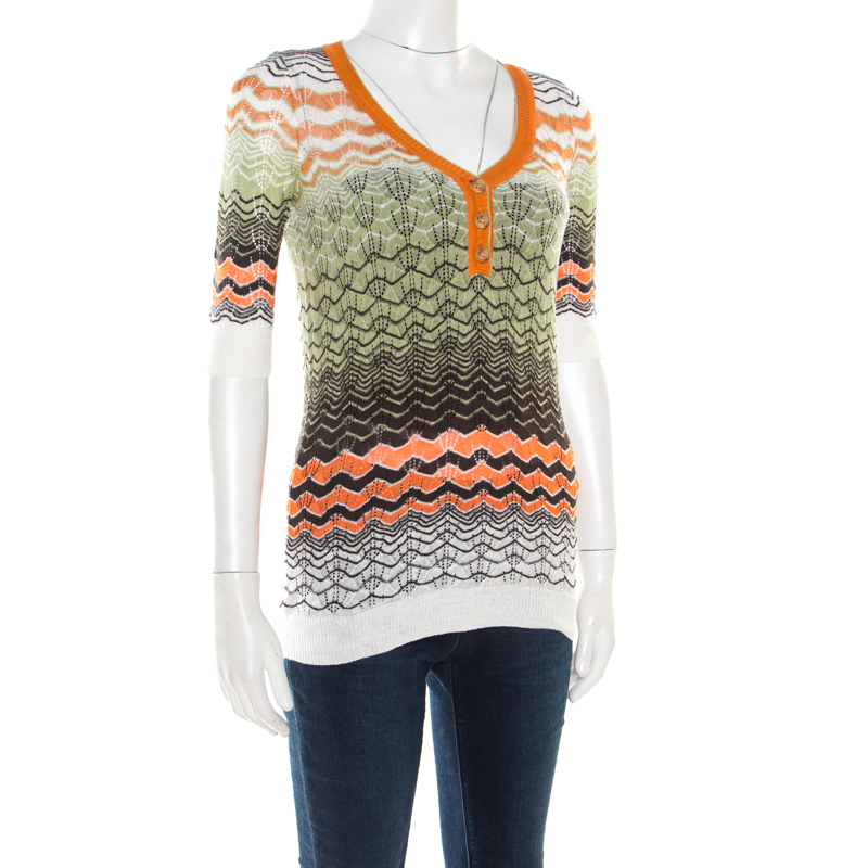 

Missoni Multicolor Perforated Knit Three Quarter Sleeve Buttoned Top