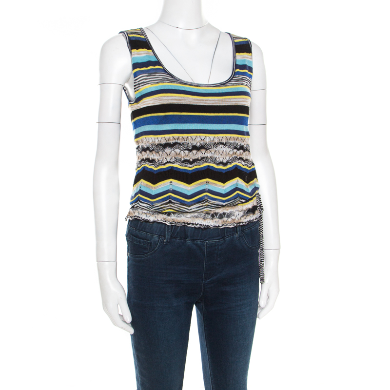 

M Missoni Multicolor Striped Perforated Knit Side Tie Detail Sleeveless Top