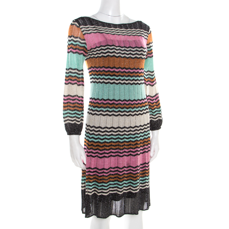 

Missoni Multicolor Lurex Chevron Patterned Knit Neck Tie Detail Dress