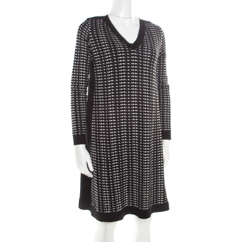 

M Missoni Monochrome Textured Jacquard Knit Long Sleeve V Neck Sweater Dress, Black