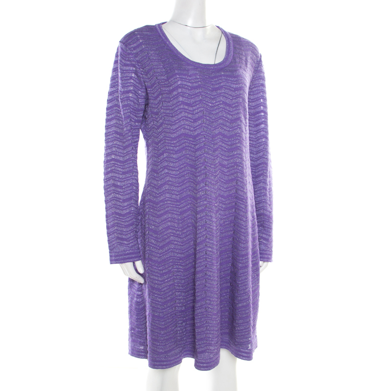 

M Missoni Purple Chevron Pattern Perforated Knit Long Sleeve Dress