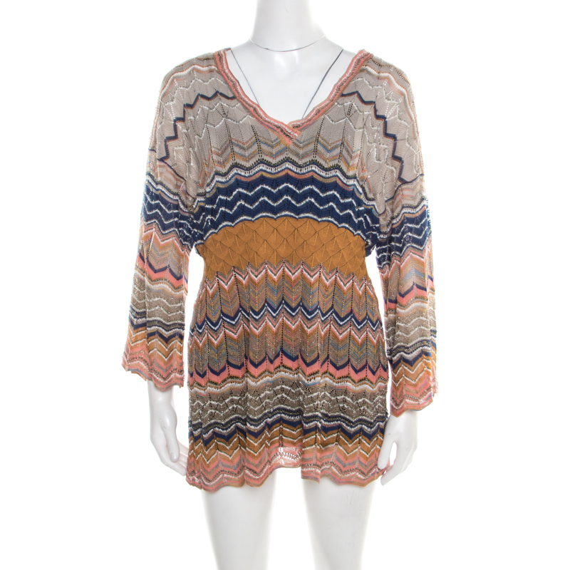 Pre Owned تونيك أم ميزوني تريكو لوريكس مخرم بنمط شيفرون متعدد الألوان M