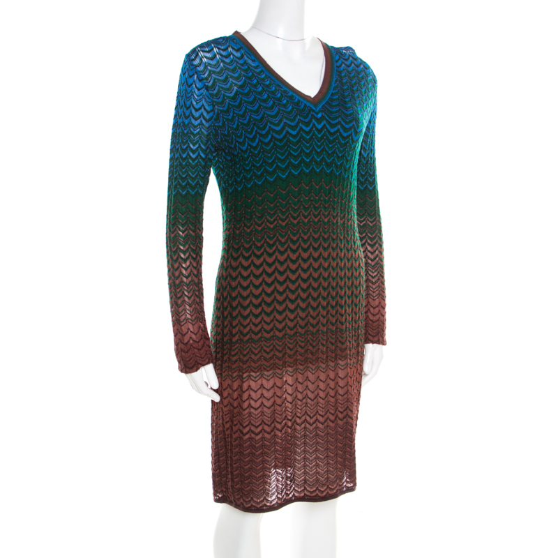 

Missoni Multicolor Perforated Knit Chevron Pattern V-Neck Dress