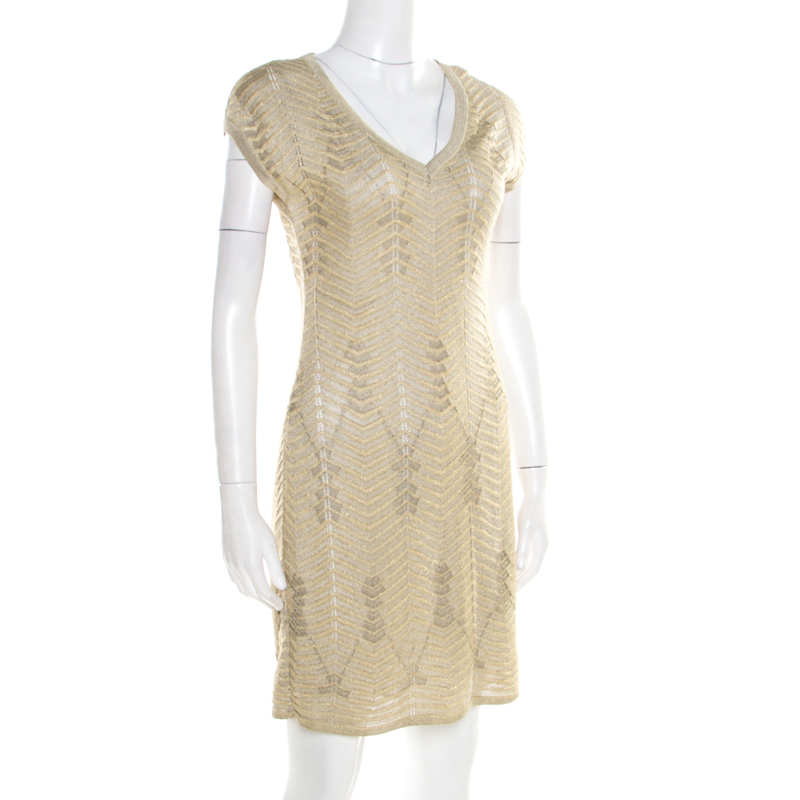 

M Missoni Gold Zig Zag Pattern Perforated Lurex Knit Cap Sleeve Dress
