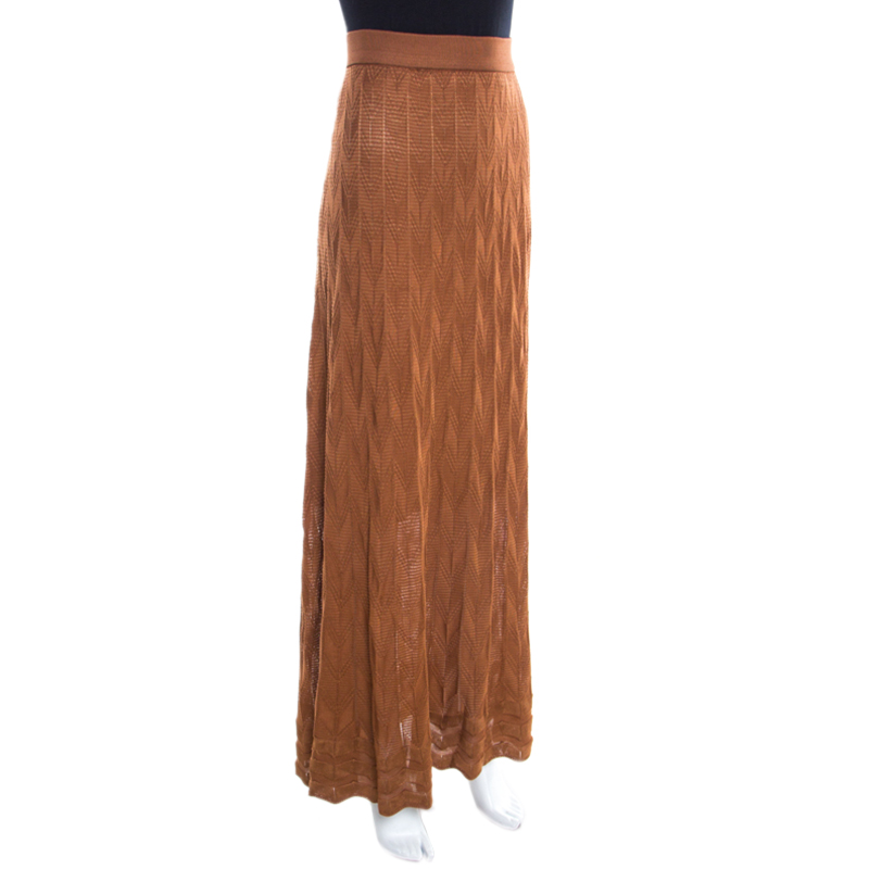 

M Missoni Tan Brown Chevron Pattern Jacquard Knit Maxi Skirt