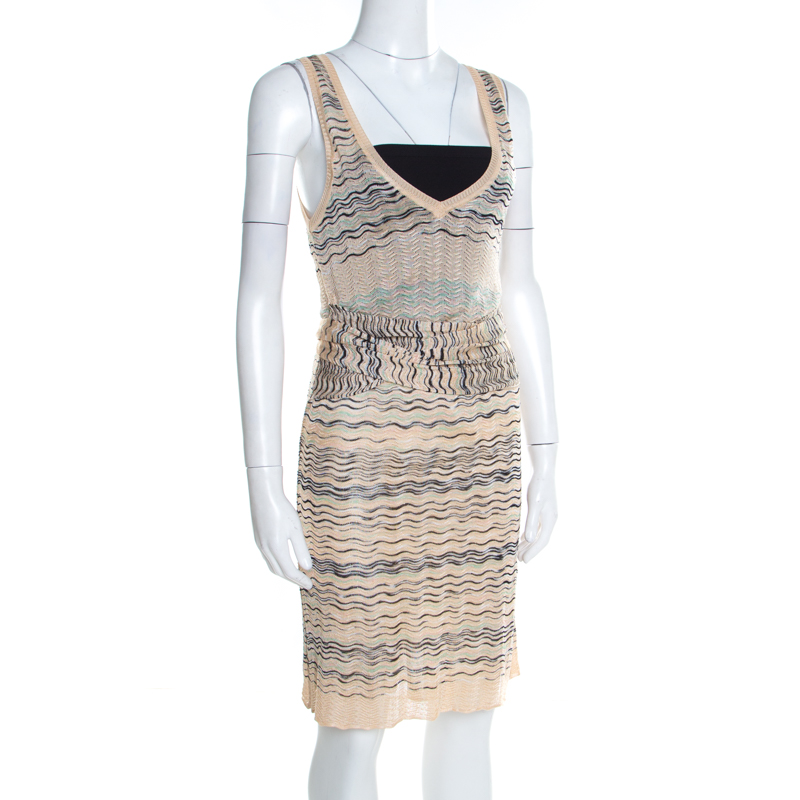 

Missoni Beige Wave Pattern Perforated Knit Wait Tie Detail Sleeveless Dress