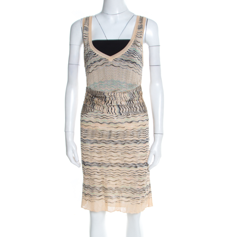 Pre Owned M Missoni Beige Wave Pattern Perforated Knit Wait Tie Detail Sleeveless Dress M