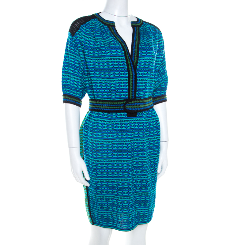 

M Missoni Blue and Green Patterned Knit Short Sleeve Tunic Dress