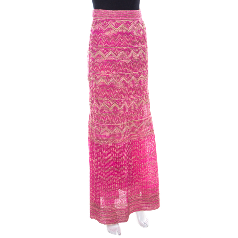 

M Missoni Pink Lurex Knit Chevron Paneled Maxi Skirt