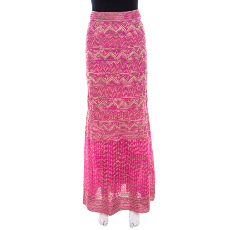 Pre Owned M Missoni Pink Lurex Knit Chevron Paneled Maxi Skirt S