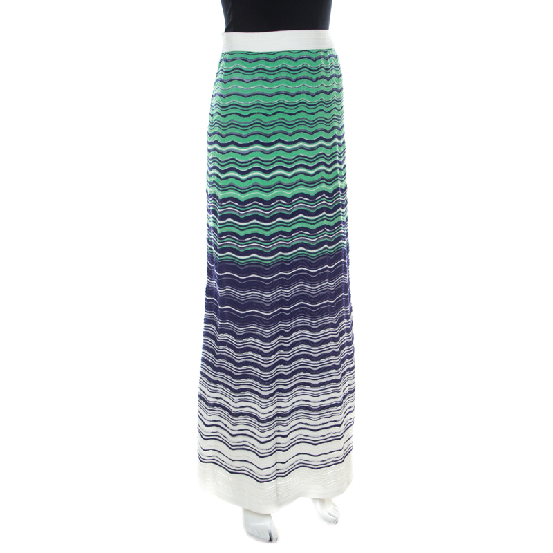 

M Missoni Green And Blue Chevron Pattern Cotton Crochet Knit Maxi Skirt