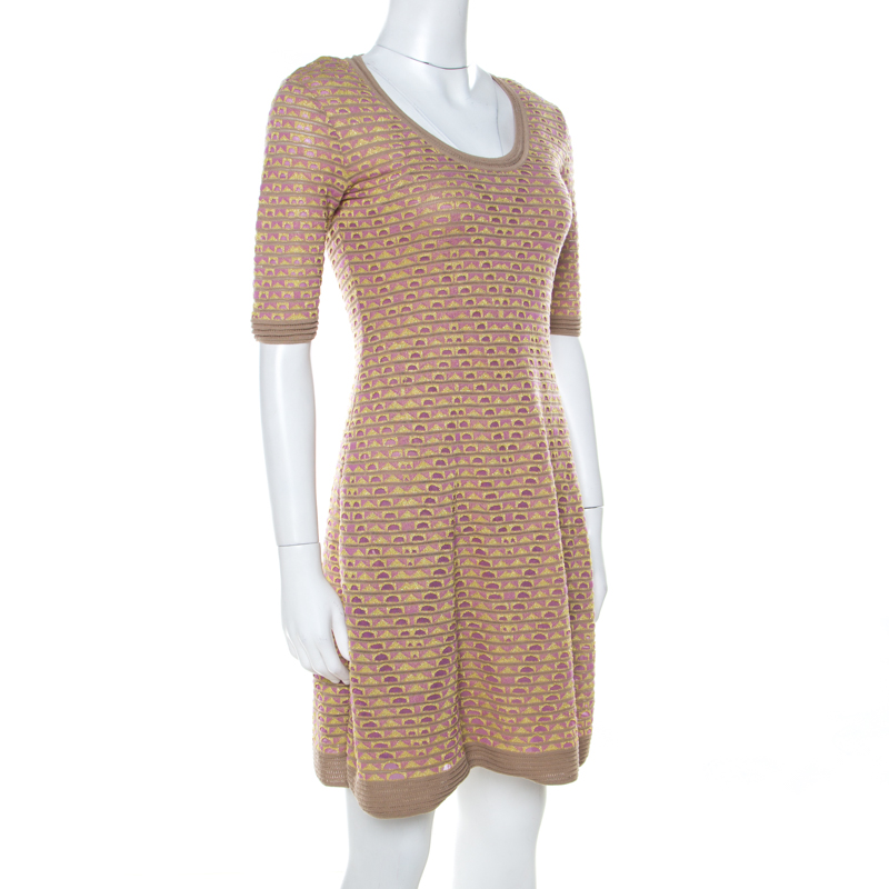 

M Missoni Multicolor Geometric Motif Knit Fit and Flare Dress