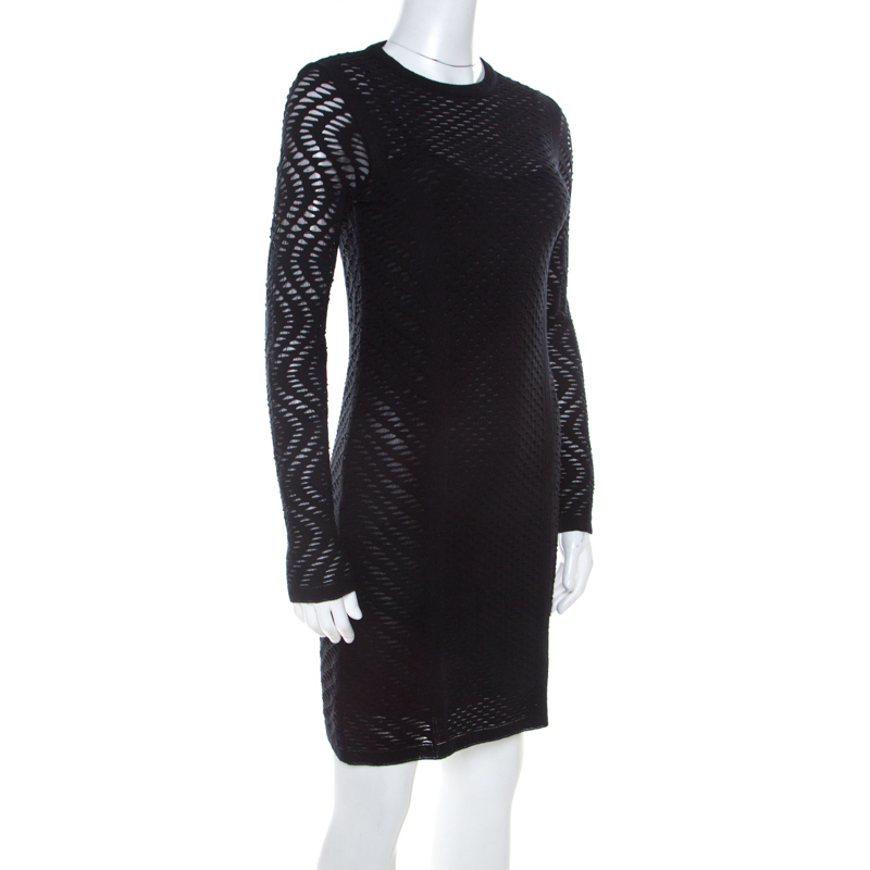 

M Missoni Black Perforated Knit Long Sleeve Sheath Dress