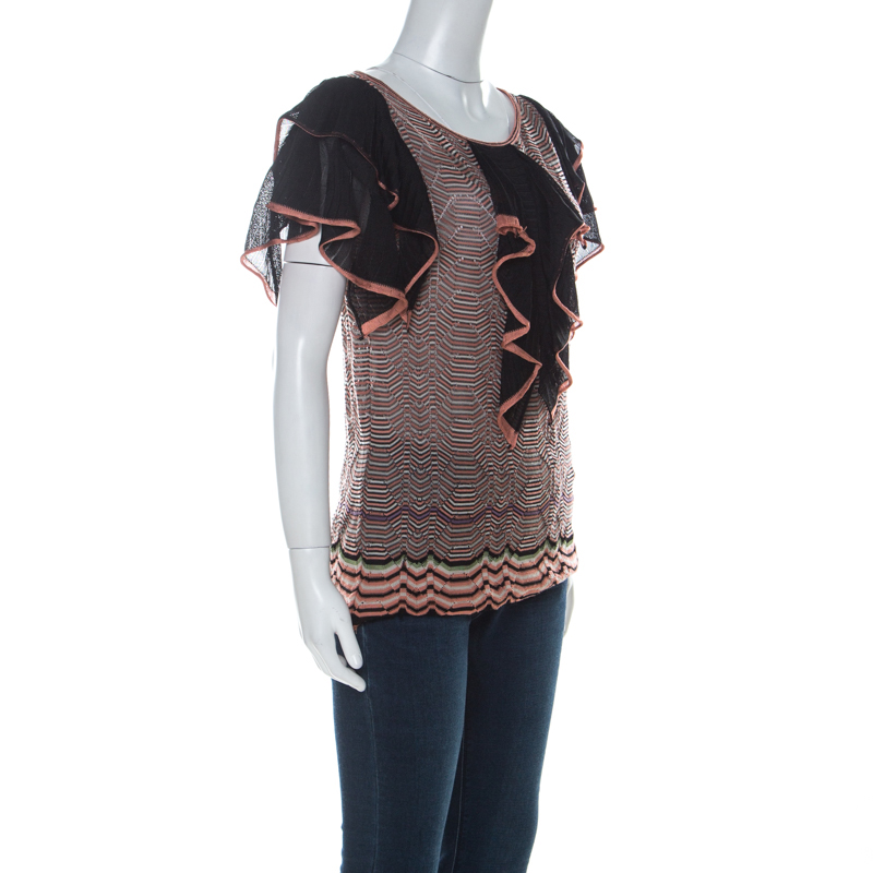 

M Missoni Multicolor Wave Knit Ruffle Detail Short Sleeve Top