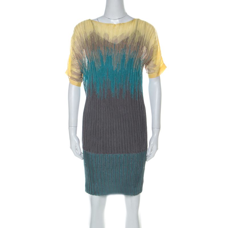 Pre Owned فستان أم ميزوني أكمام قصيرة نمط أومبريه تريكو متعدد الألوان S