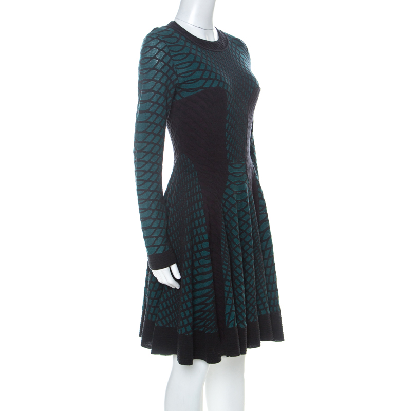 

Missoni Green Black and Purple Textured Knit Paneled Skater Dress