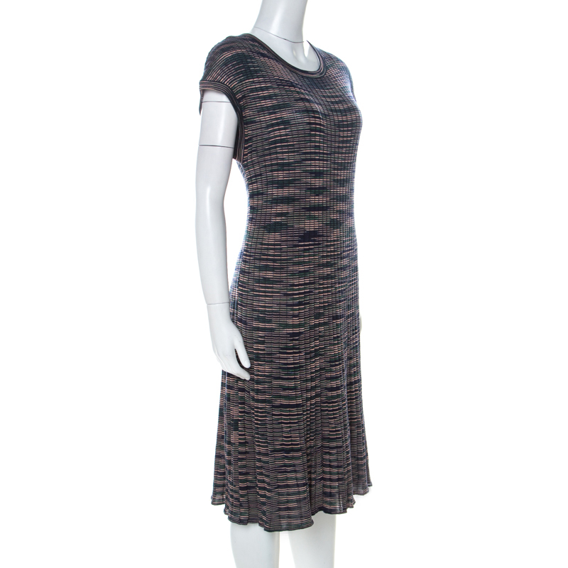 Pre-owned M Missoni Multicolor Striped Knit Short Sleeve Midi Dress L