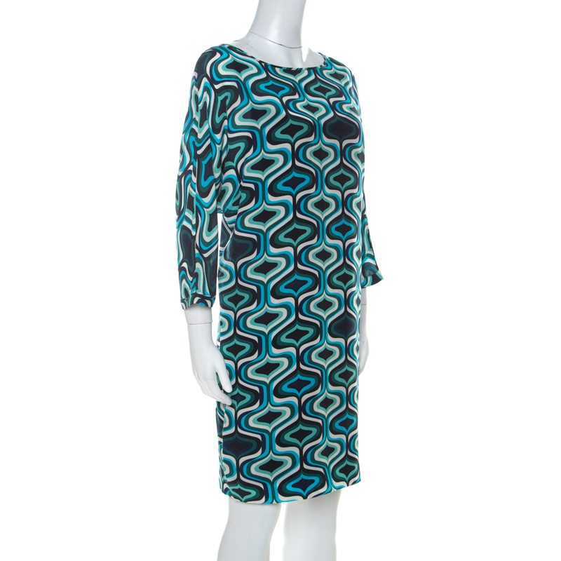 

Missoni Blue Printed Crepe De Chine Three Quarter Sleeve Shift Dress