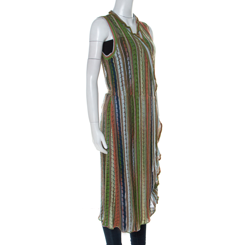

M Missoni Multicolor Crochet Knit Lurex Detail Ruffle Trim Front Tie Sleeveless Cardigan