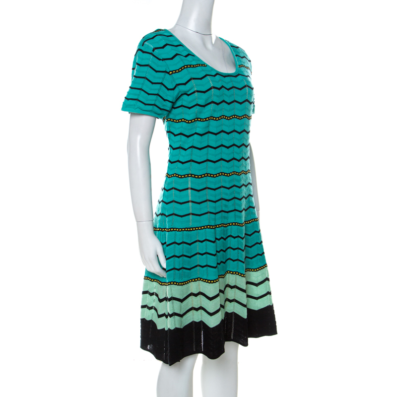 

M Missoni Green Chevron Patterned Perforated Knit Short Sleeve Dress