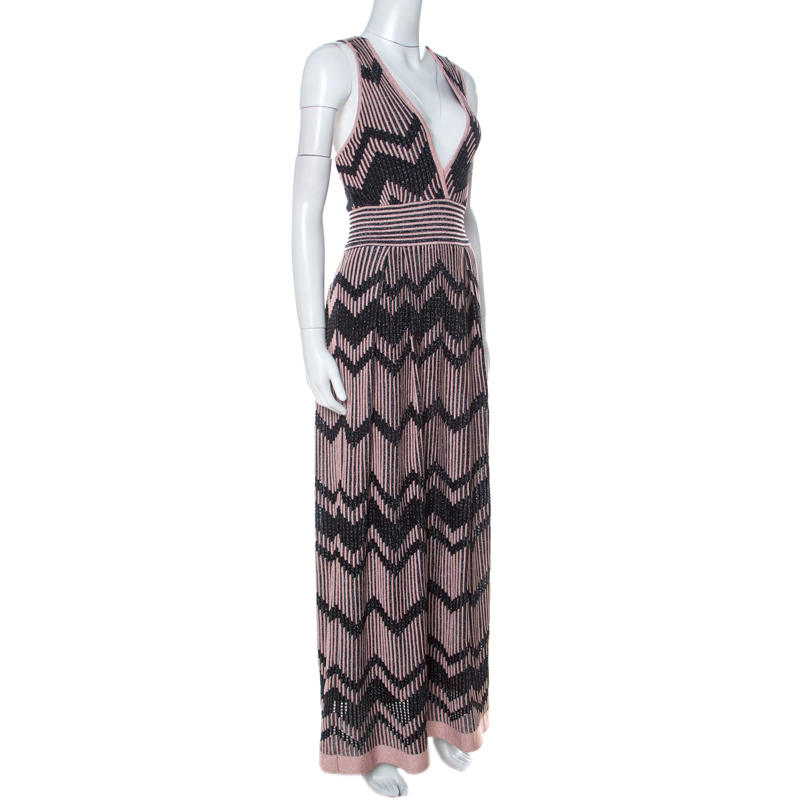 

Missoni Pale Pink and Black Chevron Pattern Lurex Knit Maxi Dress