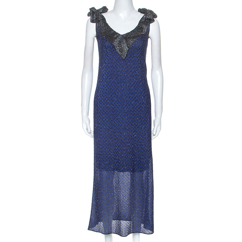 

M Missioni Blue Metallic Knit Tie Shoulder Detail Maxi Dress