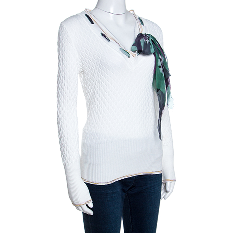Pre-owned M Missoni White Textured Knit Scarf Detail Top S