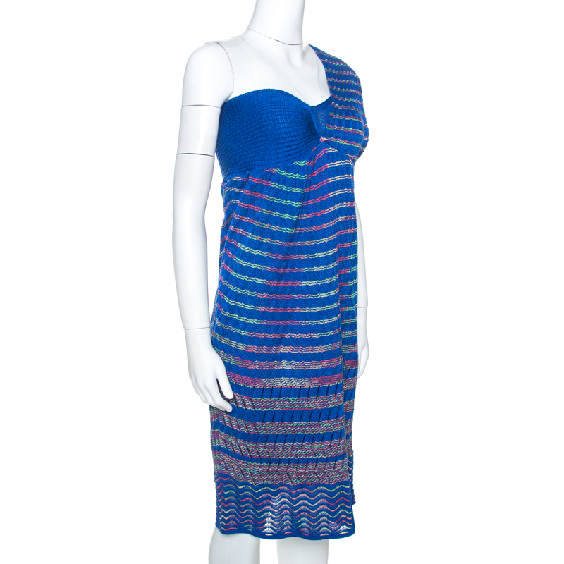 

Missoni Blue Chevron Knit One Shoulder Midi Dress