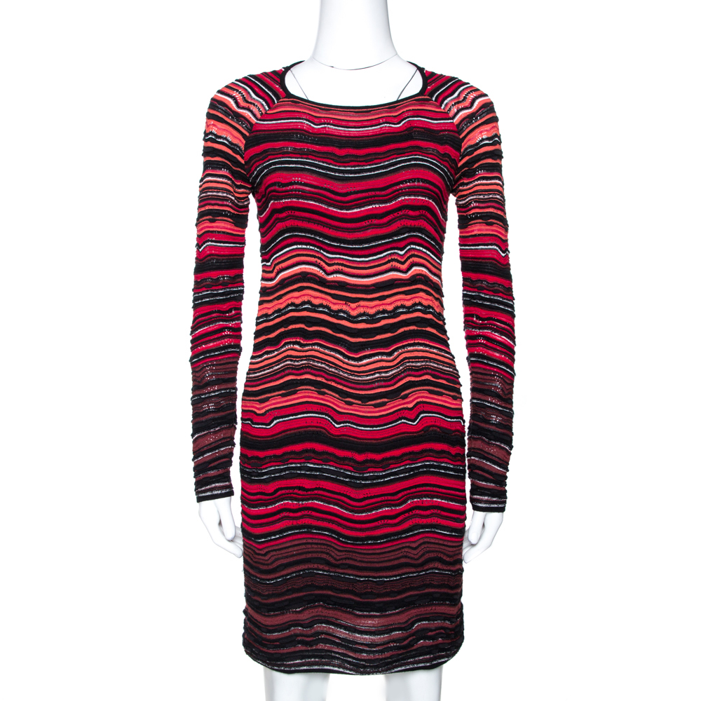 مملوكة مسبقًا M Missoni Red Wave Pattern Textured Knit Long Sleeve Dress S
