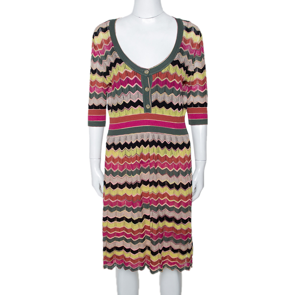 Pre Owned M Missoni Multicolor Chevron Cotton Linen Knit A Line Dress L