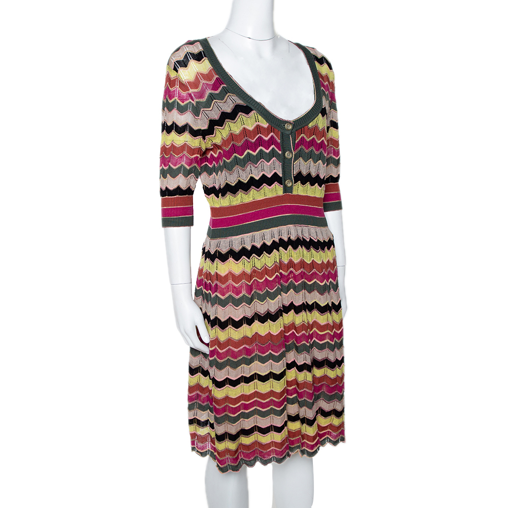 

M Missoni Multicolor Chevron Cotton Linen Knit A Line Dress
